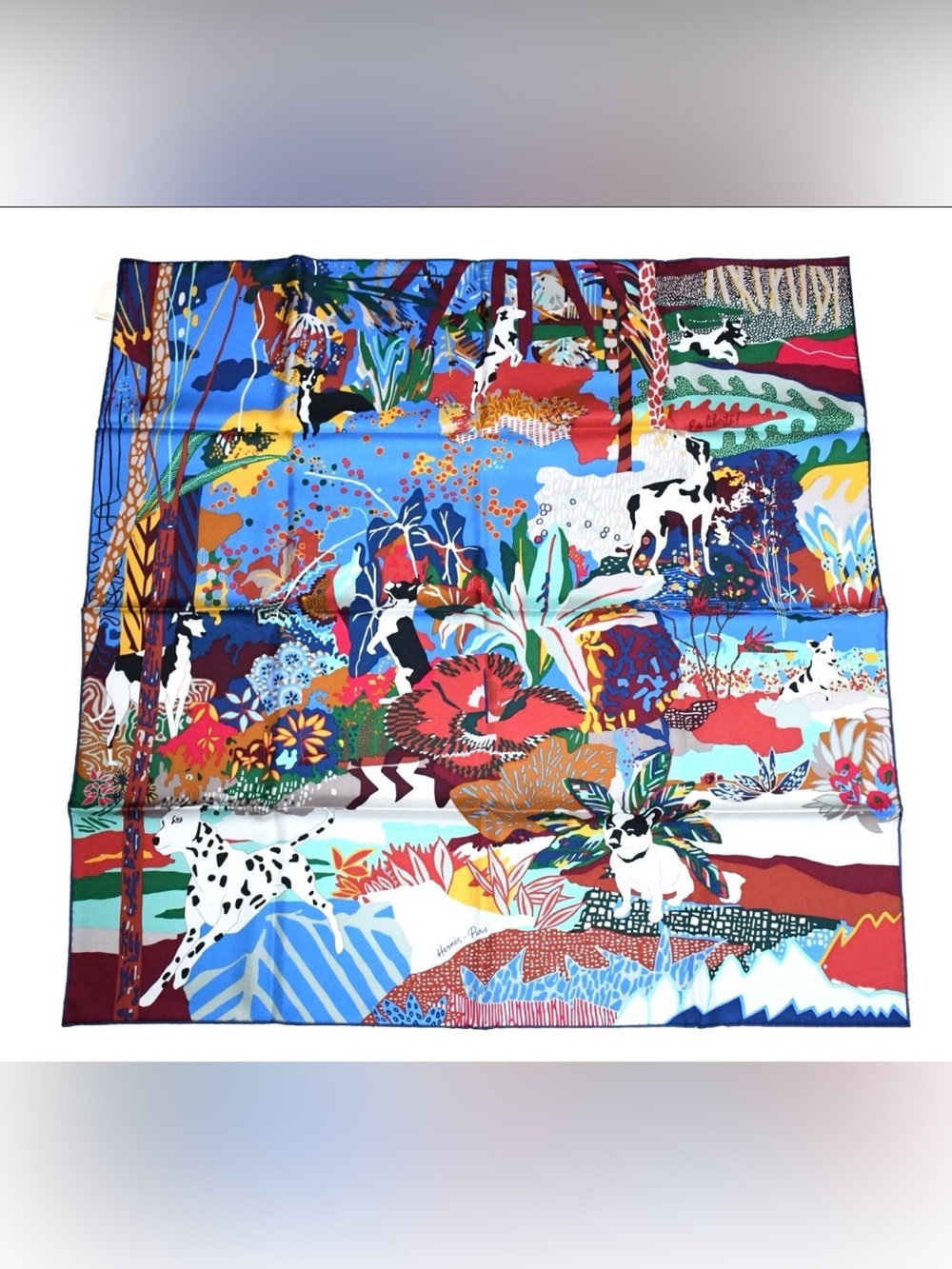 Hermes Scarf En Liberte 90 cm Silk Carre with Dog in Blue